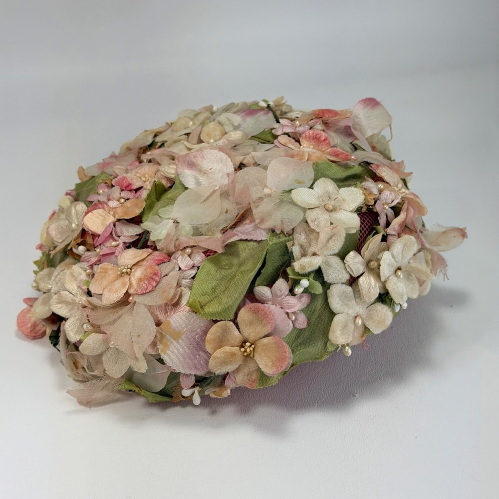 Vintage 1950's Floral Pillbox Hat Union Made in USA Fabric Flowers